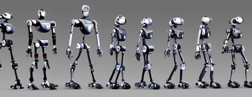 Image similar to an evolution diagram from left to right of robots, 8 k, hyper realistic. the left side robots are shorter, uncropped