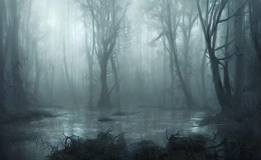 Prompt: an eerie gray swamp, foggy, slimy trees, murky water, distant lights in the fog, fantasy digital painting, stunning intricate details, artwork by ross tran and greg rutkowski