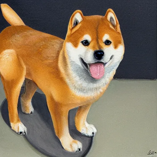 Image similar to A painting of a Shiba Inu dog wearing a soldier's helmet