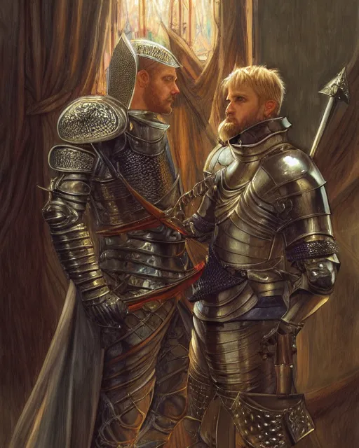 Image similar to attractive arthur pendragon confesses his love for his attractive male knight, highly detailed, very intricate, cinematic lighting, by donato giancola and rossdraws and magali villenueve, featured on artstation