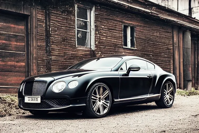 Image similar to modern rusty matte Bentley Continental GT without gloss no reflections drives along the road of an old Russian village with houses at the edges