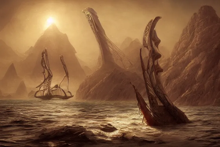 Prompt: an ancient egyptian papyrus boat sails on a primordial sea of chaos and a hideous frog headed deity Kek by Jessica Rossier and HR Giger