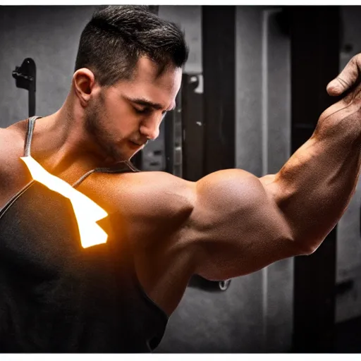 Prompt: man flexing metal arm bicep, bicep glowing iron, hot glowing iron