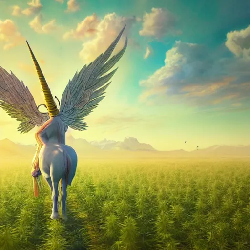 Prompt: a unicorn with wings dancing in a field of tall marijuana plants with a psychedelic sky,, ultra realistic, concept art, intricate details, highly detailed, photorealistic, octane render, 8 k, style of jean baptiste monge