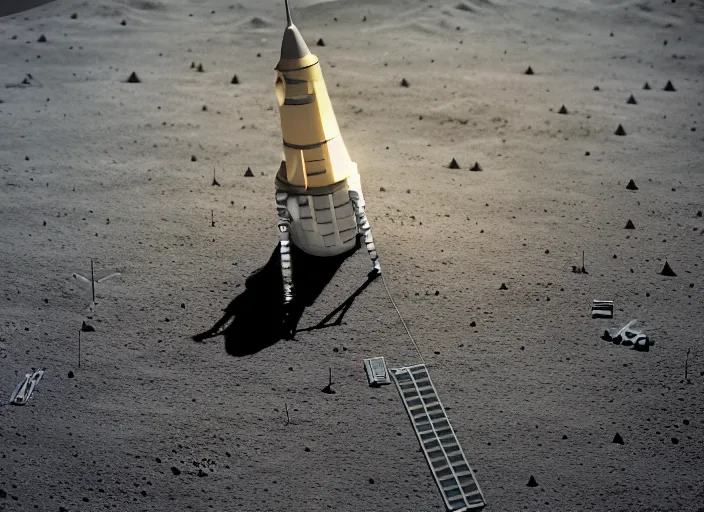 Image similar to a high-definition photograph of a large Lego rocket landing on the moon