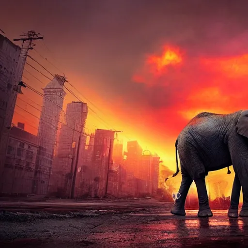 Image similar to elephant in a post apocalyptic city where the sky is on fire