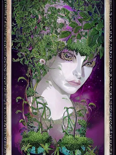 Prompt: The Hanging-Gardens of Pareidolia, lobelia, ivy, verbena and pothos growing facial features and optical-illusions, aesthetic!!!!!!!!!!!!!!!!!!, by Chris Tulloch McCabe in the style of Gerald Brom,