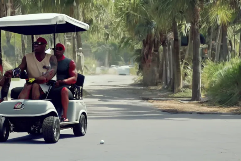 Prompt: dennis rodman driving a golf cart, movie still, from the new gone in 6 0 seconds movie, 8 k, hd, cinematic lighting