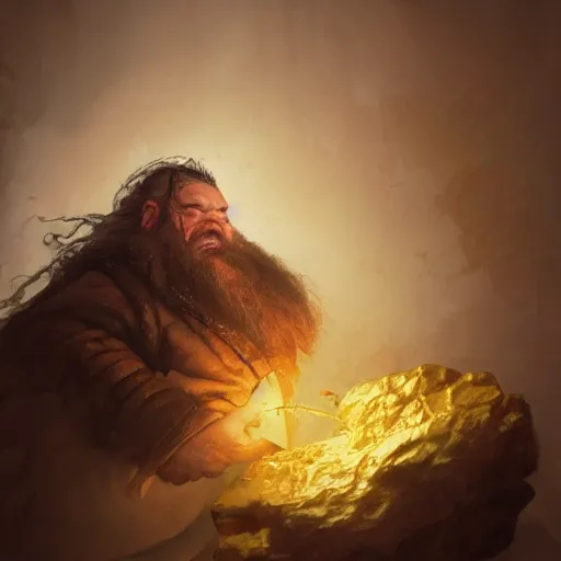 Prompt: portrait of a dwarf hugging the humongous raw, unrefined gold nugget, lump of native gold, realistic, beautiful eyes, fantasy art, dnd, lord of the rings, mid - shot, moody lighting, by greg rutkowski, wlop, craig mullins, concept art, sharp focus, ray tracing, octane render