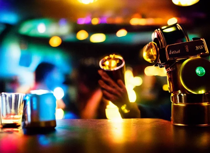 Prompt: a 2 8 mm macro kodachrome photo of a sad metallic cyborg with glowing lights getting drunk alone at a bar in the 1 9 5 0's, seen from a distance, bokeh, canon 5 0 mm, cinematic lighting, film, photography, golden hour, depth of field, award - winning