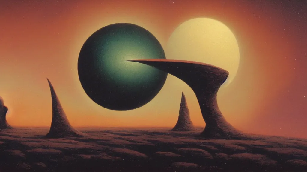 Image similar to mysterious whimsical sculpture of an alien crescent moon by paul lehr and john schoenherr and john harris, cinematic matte painting