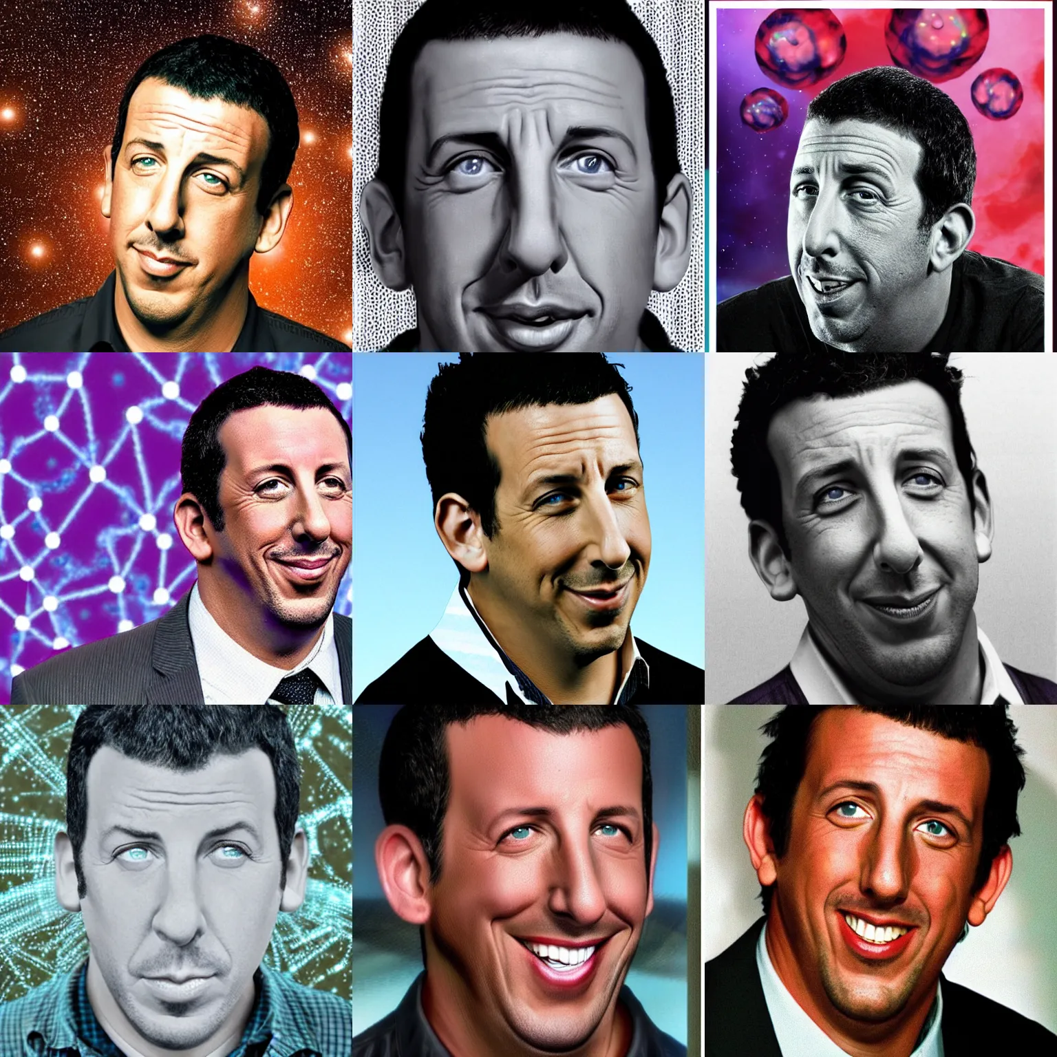 Prompt: adam sandler's face made out of atom particles, dna strands, scifi