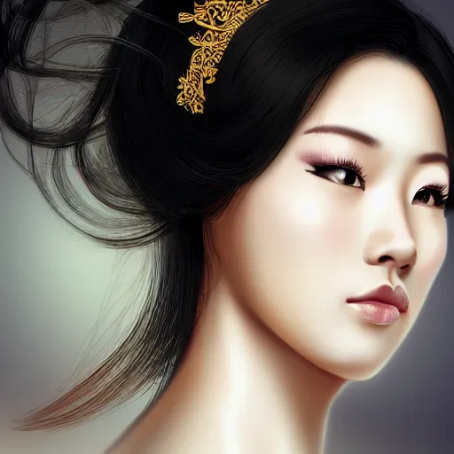 Prompt: Portrait of a beautiful oriental lady with flowing hair, photo realistic, intricate detail