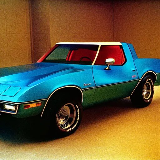 Image similar to 1979 Blazer Corvette, inside of an auto dealership, ektachrome photograph, volumetric lighting, f8 aperture, cinematic Eastman 5384 film