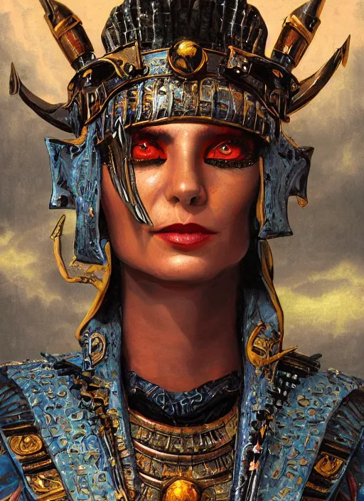 Prompt: dynamic! middle closeup chamber portrait of a biblical diabolical pirate female pharaoh, stylish leather armor, pirate ship! bright glowing eyes, in clouds, strong studio lights, thunder, storm, sunset, by gerald brom, by mikhail vrubel, by peter elson, muted colors, extreme detail, mirrors, trending on artstation, 8 k