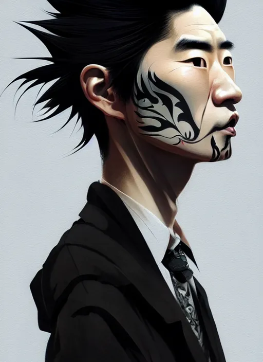 Image similar to portrait of a japanese man with a crooked nose and a confident expression, 1 9 6 0 s, black clothes, goth, punk, brightly coloured hair, funk, intricate, elegant, highly detailed, digital painting, artstation, concept art, smooth, sharp focus, illustration, art by wlop, mars ravelo and greg rutkowski