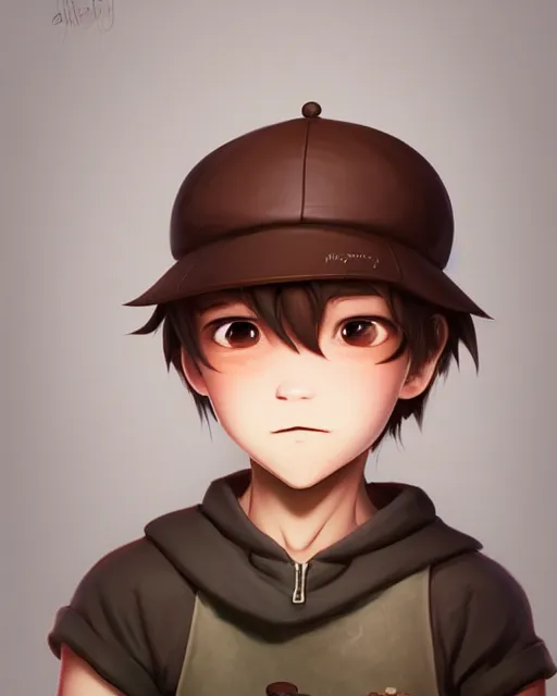 Prompt: a boy as personification of chocolate cupcake, cute hats, unreal engine, highly detailed, digital illustration by artgerm, tooth wu, studio ghibli, deviantart, sharp focus, artstation, he is standing inside a fantasy bakery by greg rutkowsky, sweets, dog