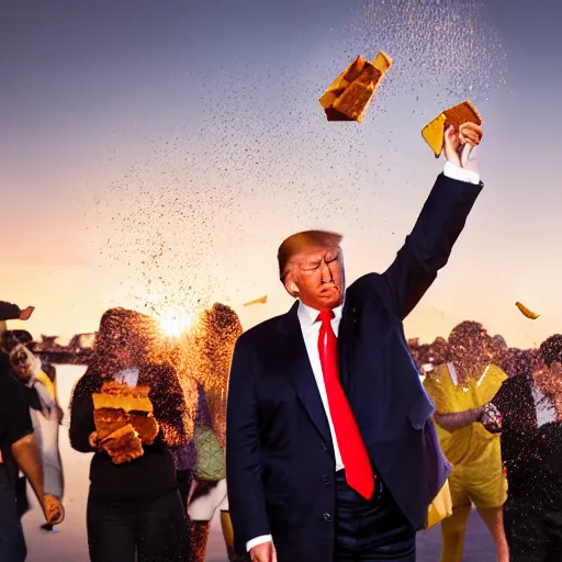 Prompt: donald trump throwing pudding onto citizens, citizens soaked with pudding, golden hour, boardwalk, professional photography