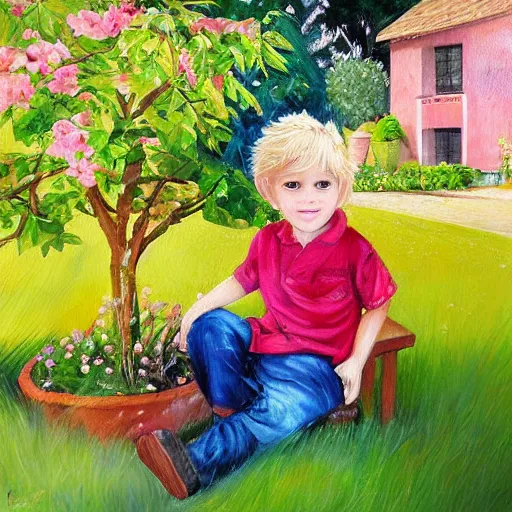 Prompt: a cute seven year old boy with tousled blonde hair and blue eyes in a lovely garden, beautiful painting by magali villanueve and raymond swanland