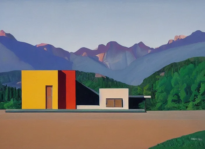 Prompt: painting of a corbusier house in in front of beautiful mountains by wayne thiebaud