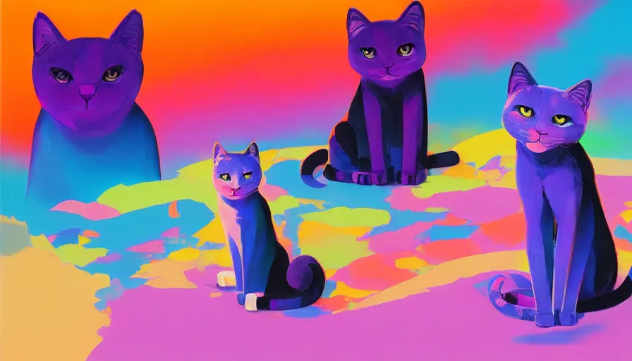 Image similar to contemporary semi abstract acrylic painting of really tall sitting cats by makoto shinkai, by lisa frank, by greg rutkowski, thick brush strokes and visible paint layers, multicolor color scheme