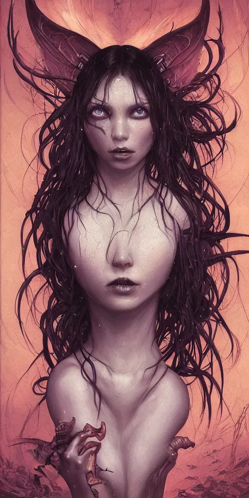 Image similar to dream portrait of a succubus in a dark ancient attic room,full character, melting ,8k,by tristan eaton,Stanley Artgermm,Tom Bagshaw,Greg Rutkowski,Carne Griffiths, Ayami Kojima, Beksinski, Giger,trending on DeviantArt,face enhance,hyper detailed,minimalist,cybernetic, android, blade runner,full of colour