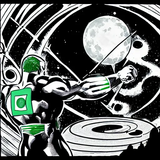 Image similar to comic Green Lantern in black and white uniform in space standing infront of the moon, HQ, comic style
