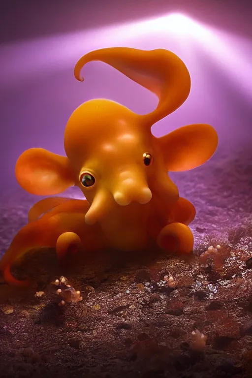 Prompt: cute baby Dumbo octopus, dramatic lighting, cinematic, establishing shot, extremely high detail, foto realistic, cinematic lighting, post processed, concept art, high details, cinematic, 8k resolution, beautiful detailed, photorealistic, digital painting, artstation, concept art, smooth, sharp focus, artstation trending, octane render, unreal engine