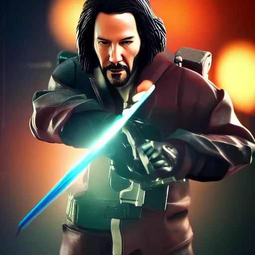 Image similar to Keanu Reeves as a super-hero, figurine, studio lighting, blender, octane render, high quality, high detailed, 8k, artstation,