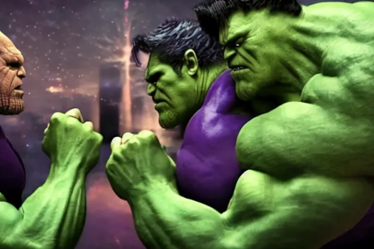 Prompt: thanos and hulk competing in an arm wrestling match, cinematic, dramatic, color grading, photojournalism, highly detailed