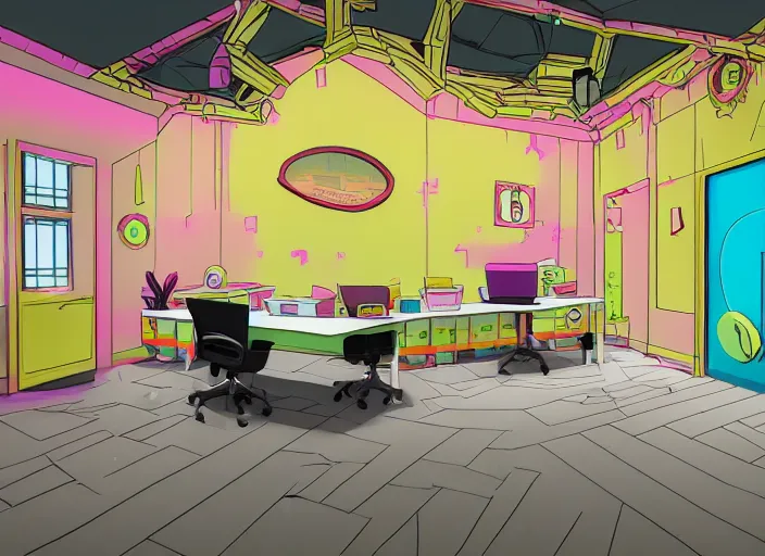 Image similar to steven universe inspired stanley parable office backrooms, creepy but colorful render, intricate detail, castle oblivion, normal workplace office, pastel 8 0 s, uhd