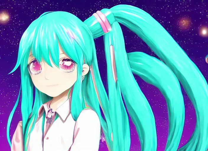 Image similar to Hatsune Miku digital art, watching the stars at night, beautiful contour shading