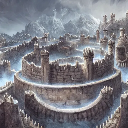 Prompt: fantasy concept art, walled city built into a labyrinth, icy mountains nearby, 8k, high detail