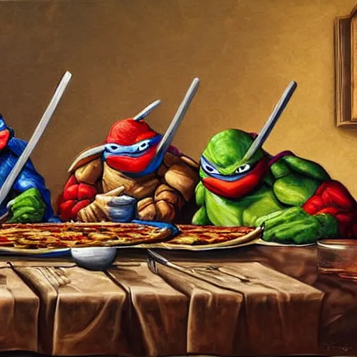 Image similar to teenage mutant ninja turtles are sitting at the table. da vinci. secret supper. there is a cola on the table. pizza on the table. realistic oil painting on canvas. digital art. rendering