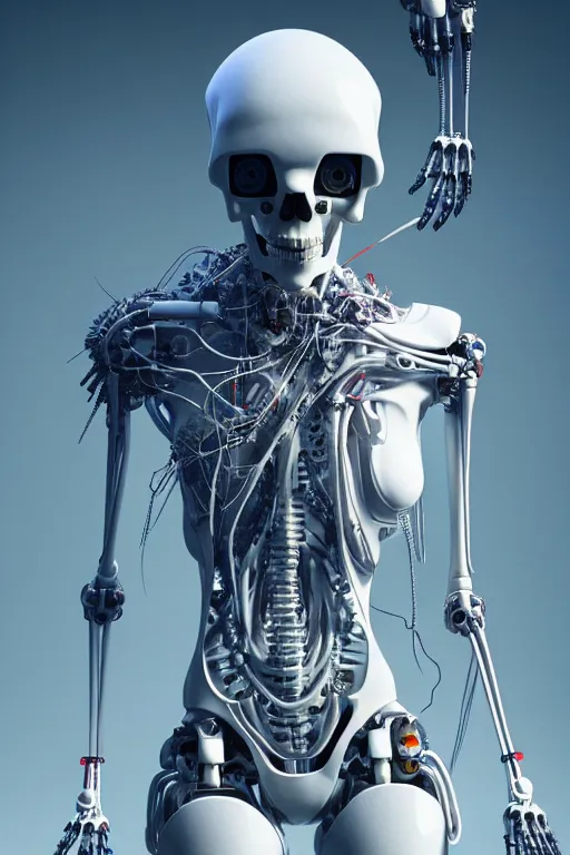 Image similar to a robot holding a human skull on its hand, perfect symmetrical body, full body shot, inflateble shapes, wires, tubes, veins, white biomechanical, wearing epic bionic cybor implants, masterpiece, intricate, biopunk vogue, highly detailed, artstation, concept art, cyberpunk, octane render