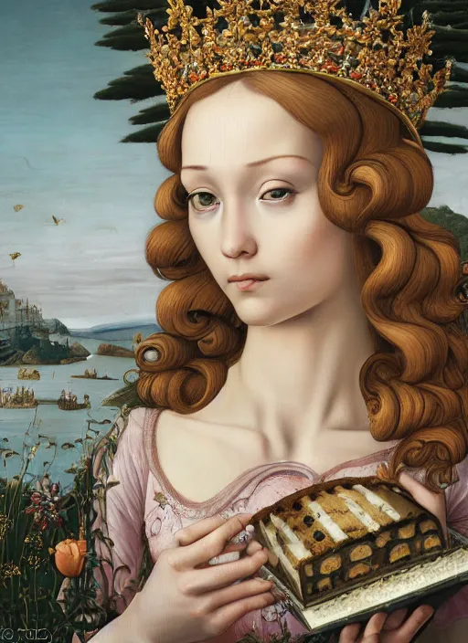 Image similar to closeup medieval botticelli face portrait of a fairytale princess wearing a crown eating cakes in the castle, bikini, depth of field, zeiss lens, detailed and intricate environment, fashion photoshoot by nicoletta ceccoli, mark ryden, lostfish, breathtaking, 8 k resolution, extremely detailed, beautiful, establishing shot, artistic, hyperrealistic, octane render