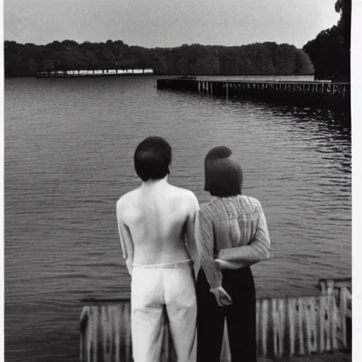 Image similar to A beautiful photograph of a man and a woman are standing on a dock, looking out at a body of water. The woman has her hand on the man's shoulder, and they appear to be deep in conversation. The colors in the photograph are muted, and the scene has a calming feeling. quartz by Ludwig Mies van der Rohe detailed, lines