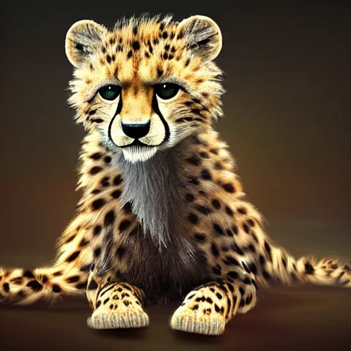 Prompt: cute fluffy baby cheetah with long flowing lion mane with mohawk hairstyle hybrid animal detailed painting 4 k