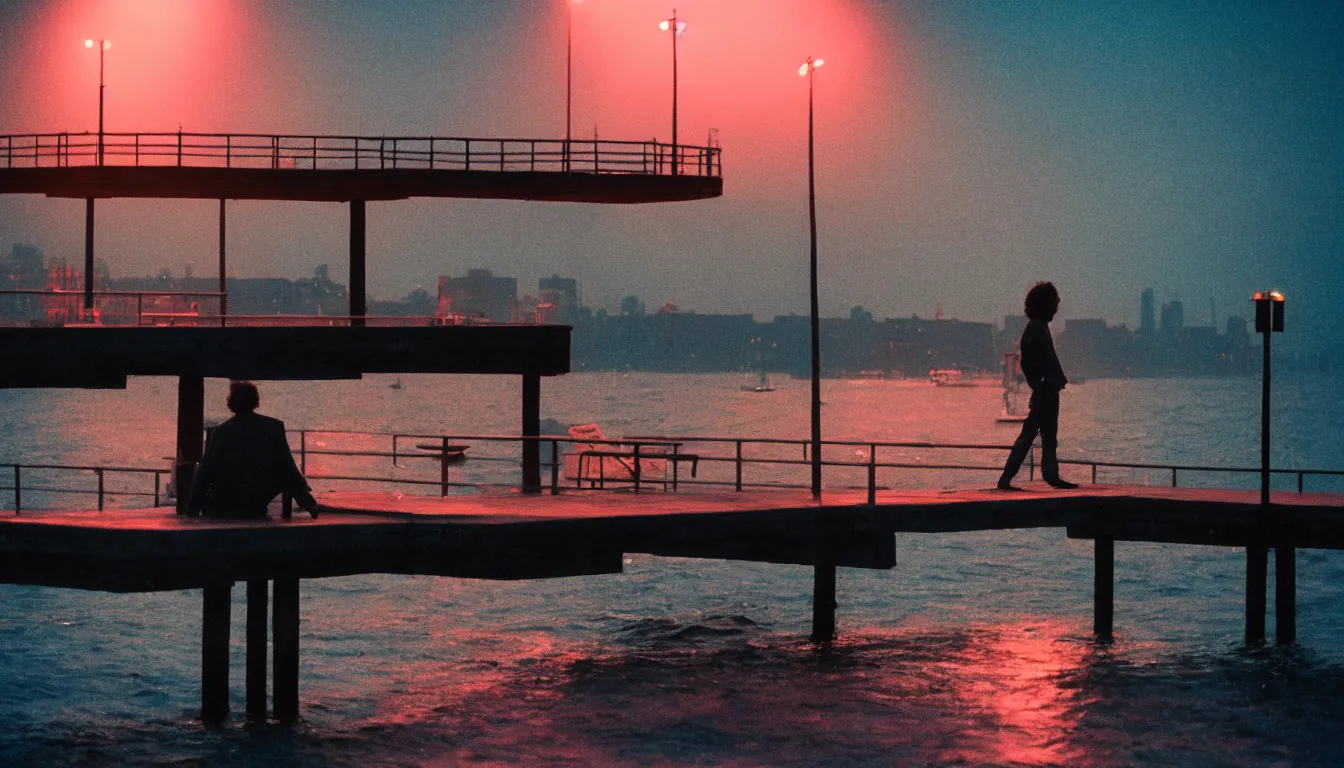 Prompt: 80s neon movie still with a lone man levitating over a pier by the river on early morning with bright city lights behind his back, ships passing by in the distance, Fallen angels movie still, medium format color photography, hyperrealistic, photorealistic, high definition, highly detailed, tehnicolor, anamorphic 50mm lens