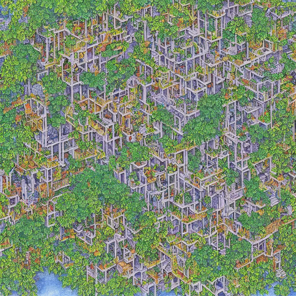 Prompt: Hanging gardens of babylon, in the style of m c escher, colored pencil drawing