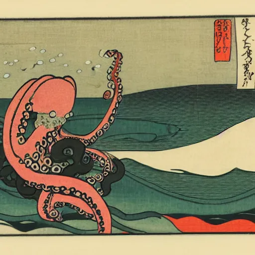 Prompt: an octopus driving a car, ukiyo-e by Utagawa Kuniyoshi