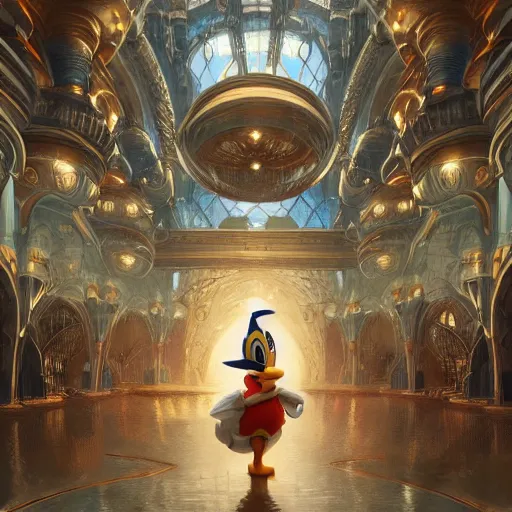 Image similar to ultra realistic illustration of cyborg donald duck, intricate, futuristic persian palace, elegant, alien, highly detailed, digital painting, artstation, concept art, smooth, sharp focus, illustration, art by artgerm and greg rutkowski and alphonse mucha