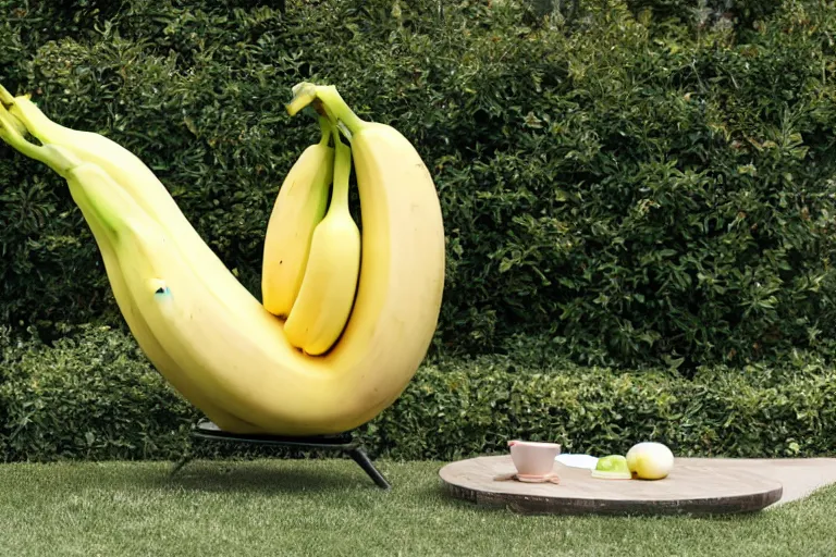 Image similar to a banana is sitting in an apple shaped chair, catalog photo