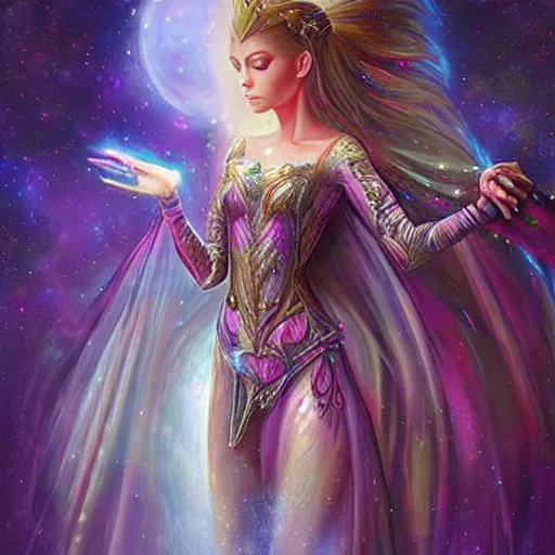Prompt: “ Beautiful alien princess” mystical fantasy by Anne Stokes, 8k 3-D, matte painting, concept art, hyper realism, amazing contrasting background,