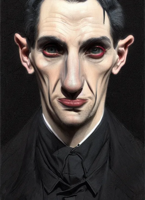Prompt: portrait of a strange man with a crooked nose and a confident expression, 1 9 6 0 s, black clothes, goth, punk, funk, intricate, elegant, highly detailed, digital painting, artstation, concept art, smooth, sharp focus, illustration, art by wlop, mars ravelo and greg rutkowski
