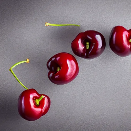 Prompt: Photo realistic three fresh cherries on a table