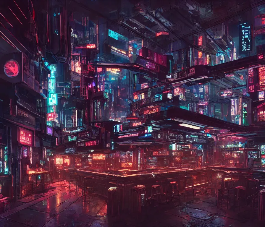 Image similar to a bar from a cyberpunk film, cinematic, hyper detailed, hd, 1 6 k