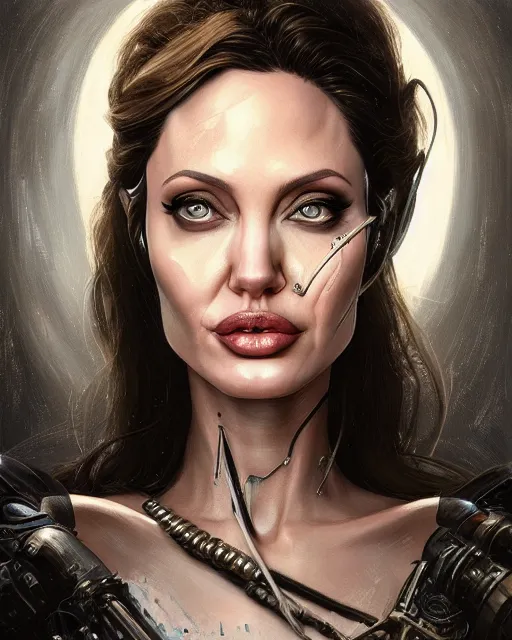 Image similar to detailed portrait painting of Angelina Jolie as a cyborg princess, fantasy, intricate, elegant, highly detailed, digital painting, artstation, concept art, smooth, sharp focus, illustration, by artgerm and greg rutkowski and Ralph McQuarrie