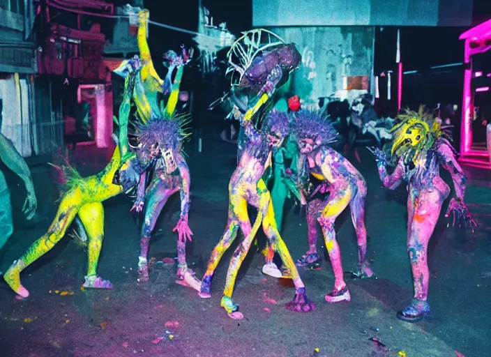 Image similar to group of surreal punk creatures dressed in underground alien fashion, throwing buckets of paint around : : nighttime, spot lights, urban setting, smoke, colorful splashes of paint : : wild carnival dance scene from a 7 0's movie by chris cunningham and alejandro jodorowsky : : close - up cinestill 8 0 0 tungsten, high quality, triadic color scheme