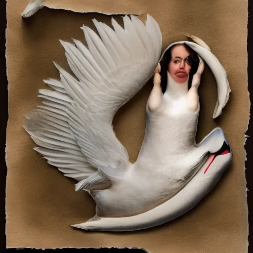 Image similar to a collage of a swan and a woman, dissected blown up, ultra realistic, cinematic